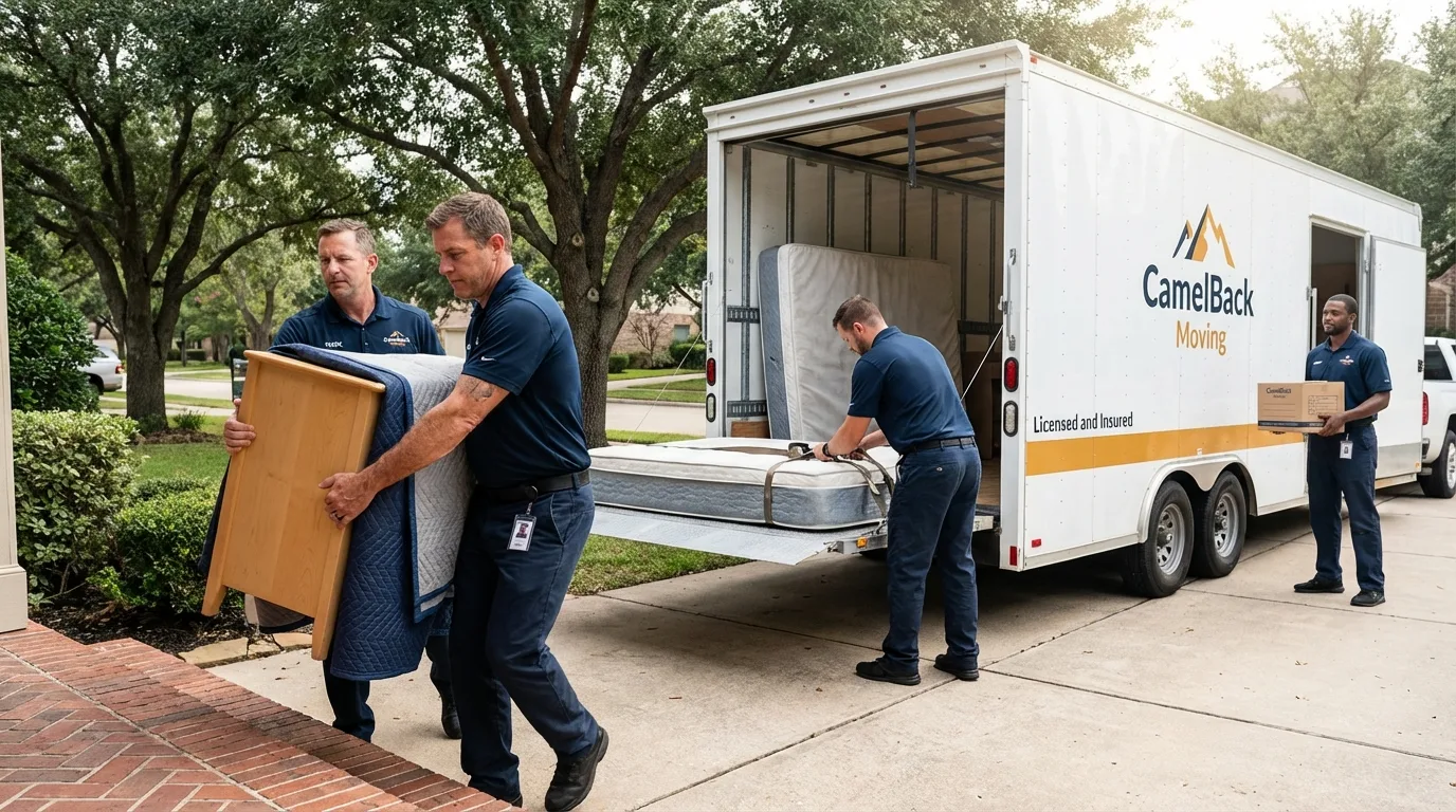 Crew loading residential truck for cross-state move from Spiro, OK