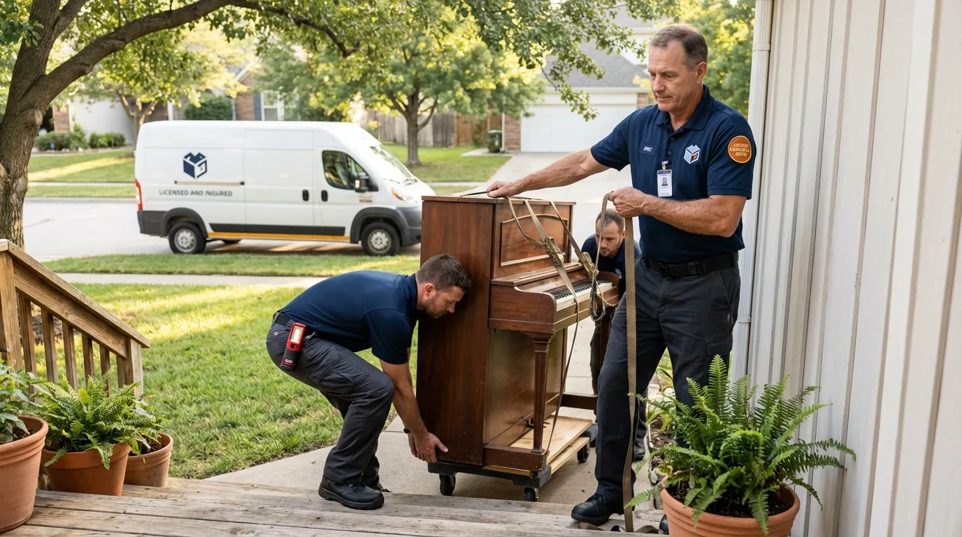 Licensed piano movers securing grand piano in Spiro, OK