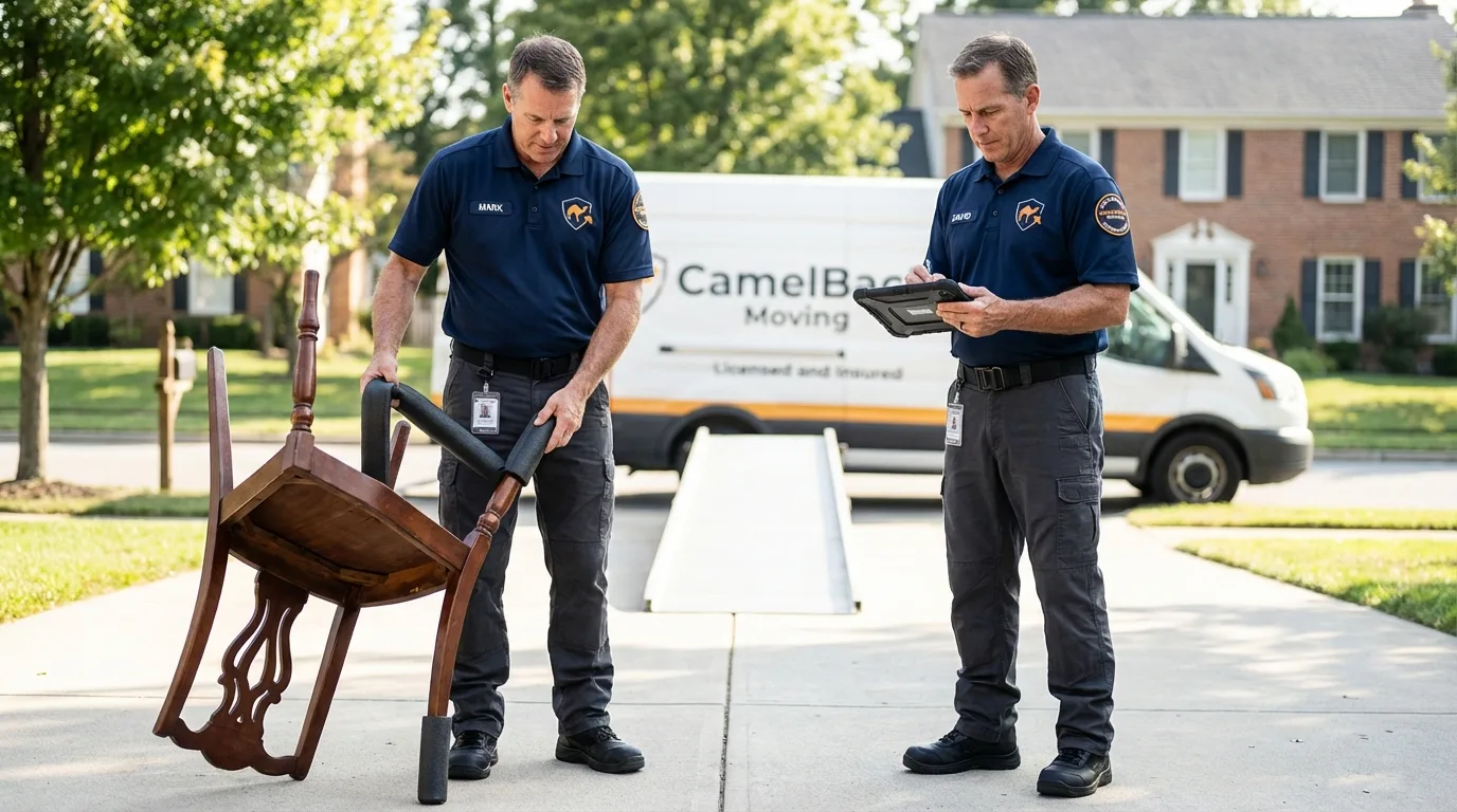 Movers inspecting furniture for damage prevention before loading in Spiro, OK