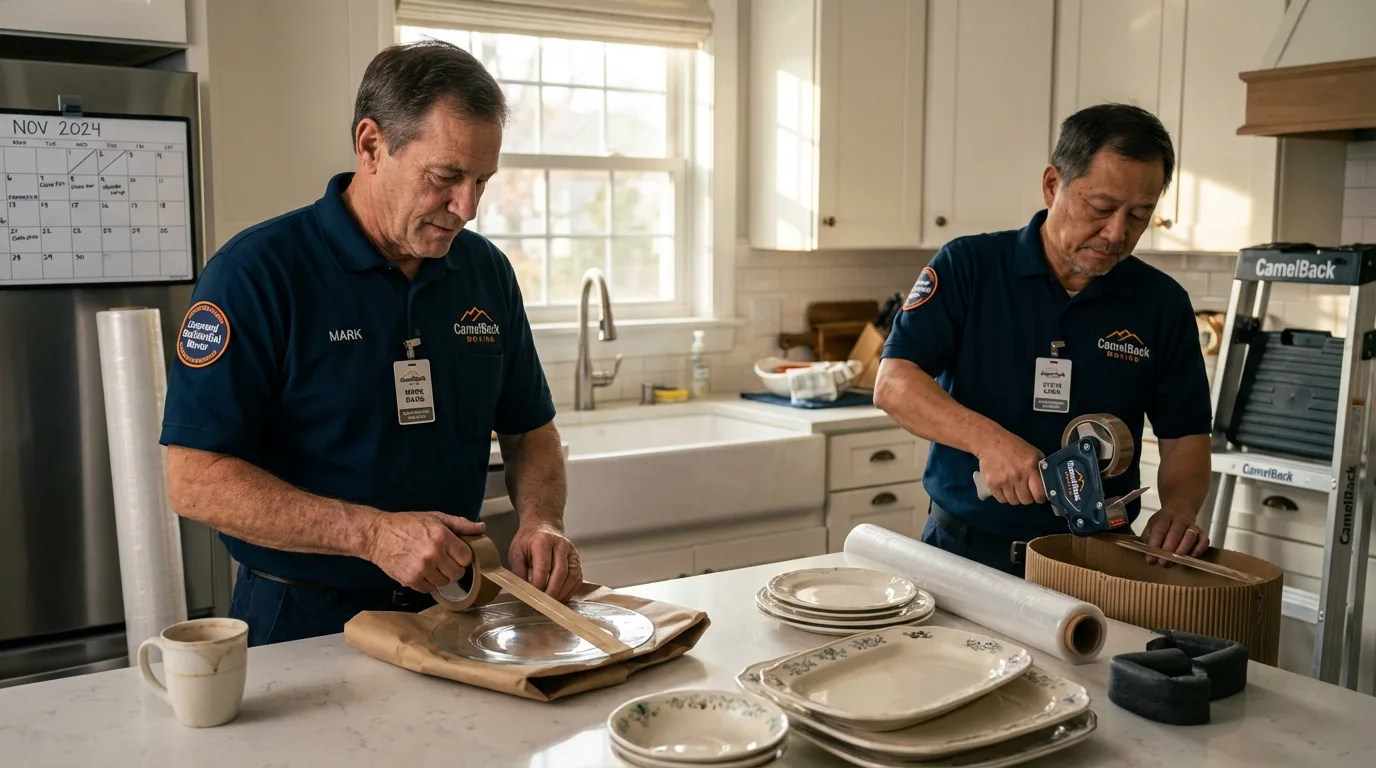 Professional crew packing kitchen dishware in Spiro, OK